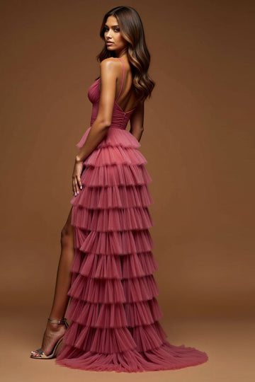 Desert Rose A-Line Spaghetti Straps Ruffles Tulle Long Prom Dress with Slit